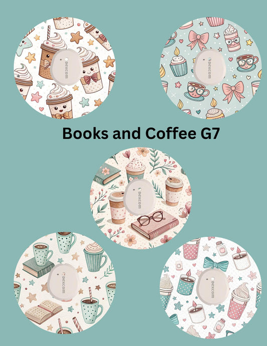 Books and Coffee CGM Patches, Dexcom G7, Libre 3, Omnipod Cover, Pack of 5