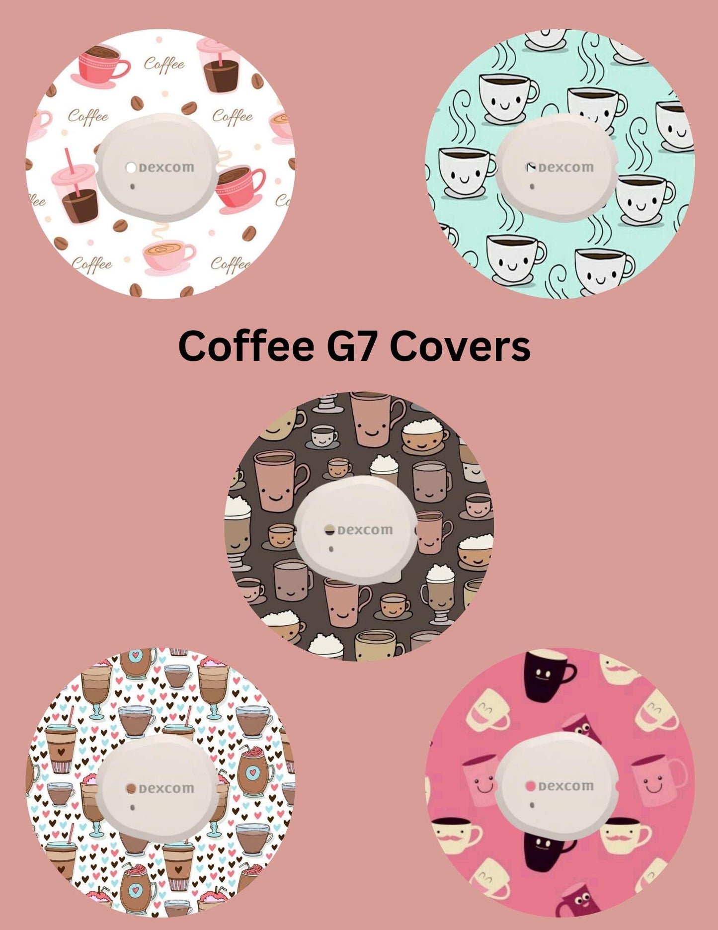 Coffee Themed CGM Adhesive Patches, Dexcom G7 G6 Libre, Pack of 5