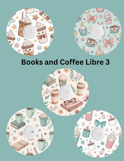 Books and Coffee CGM Patches, Dexcom G7, Libre 3, Omnipod Cover, Pack of 5
