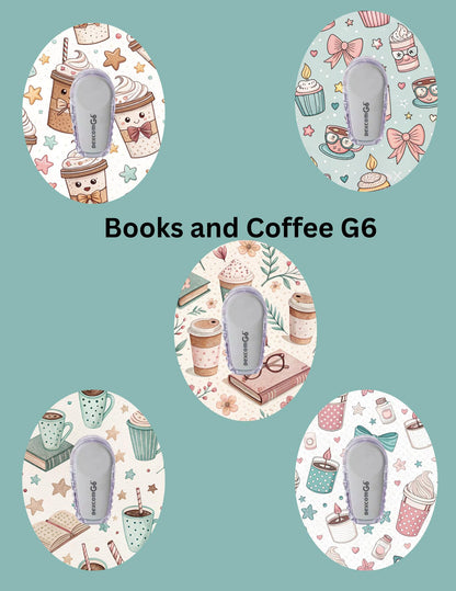 Books and Coffee CGM Patches, Dexcom G7, Libre 3, Omnipod Cover, Pack of 5