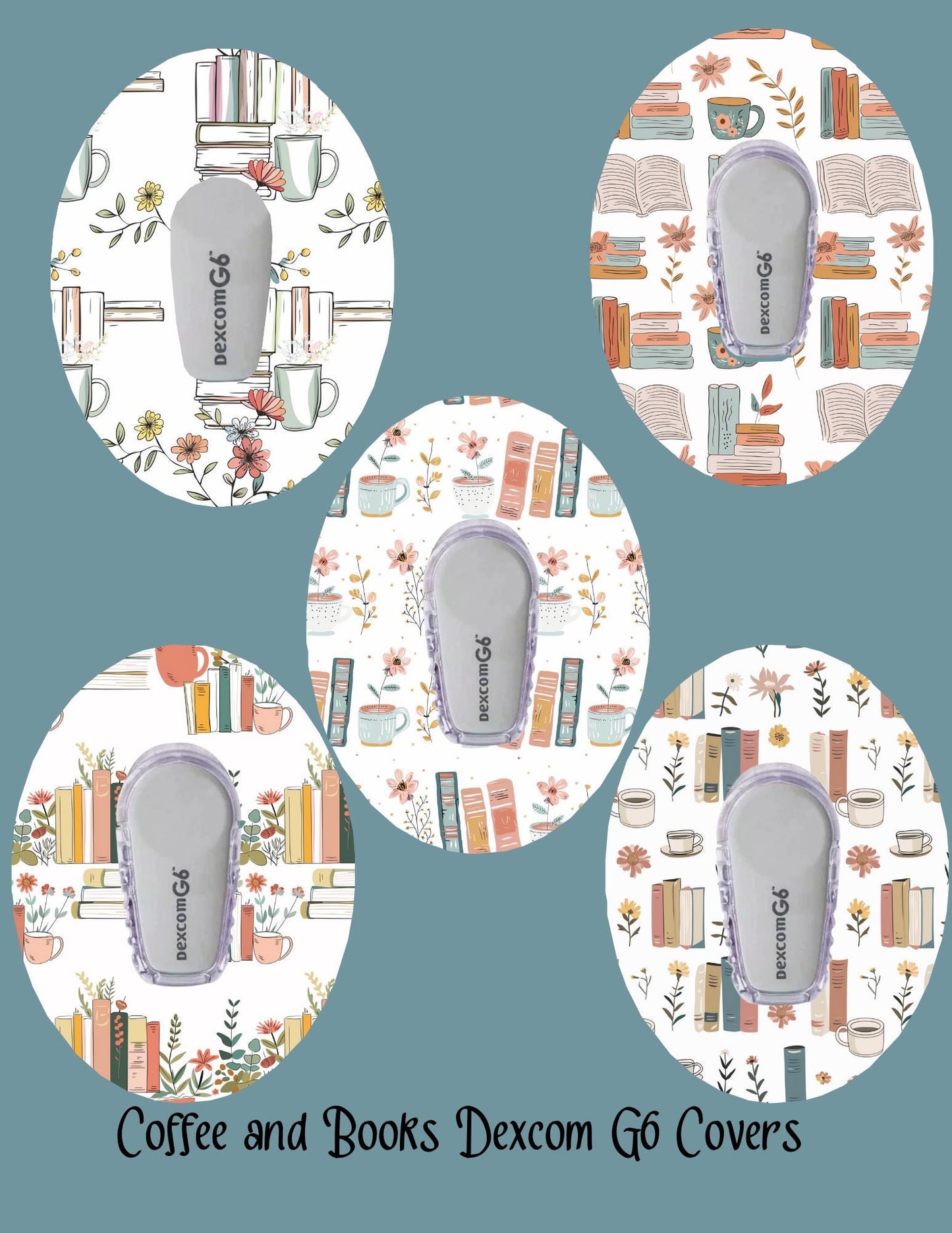 Coffee & Books CGM Stickers | Dexcom G7/G6, Libre 2/3 (5-Pack)