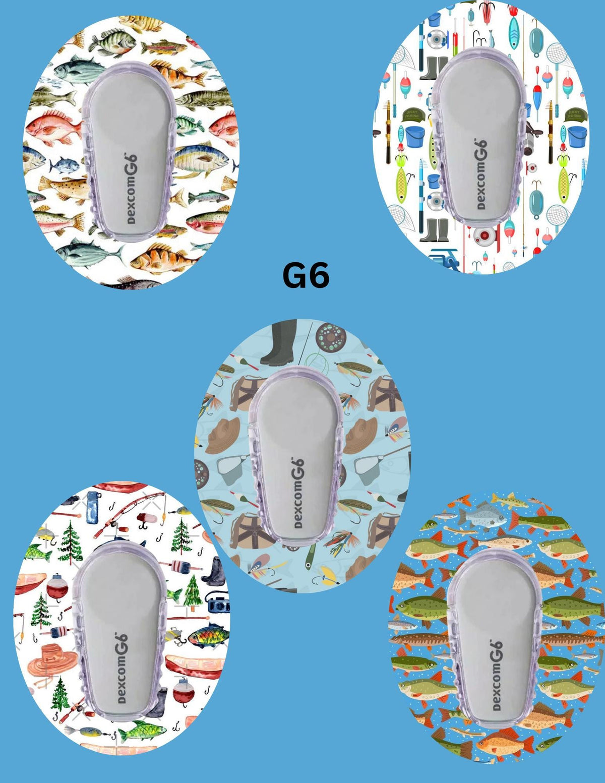 Fishing Theme CGM Stickers | Dexcom G7, Libre 2/3, G6 Cover Patches (5-Pack)