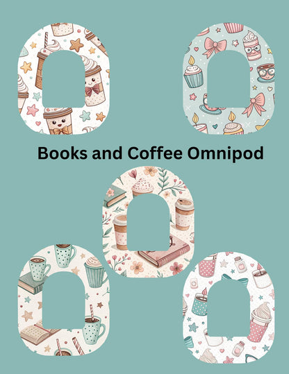 Books and Coffee CGM Patches, Dexcom G7, Libre 3, Omnipod Cover, Pack of 5