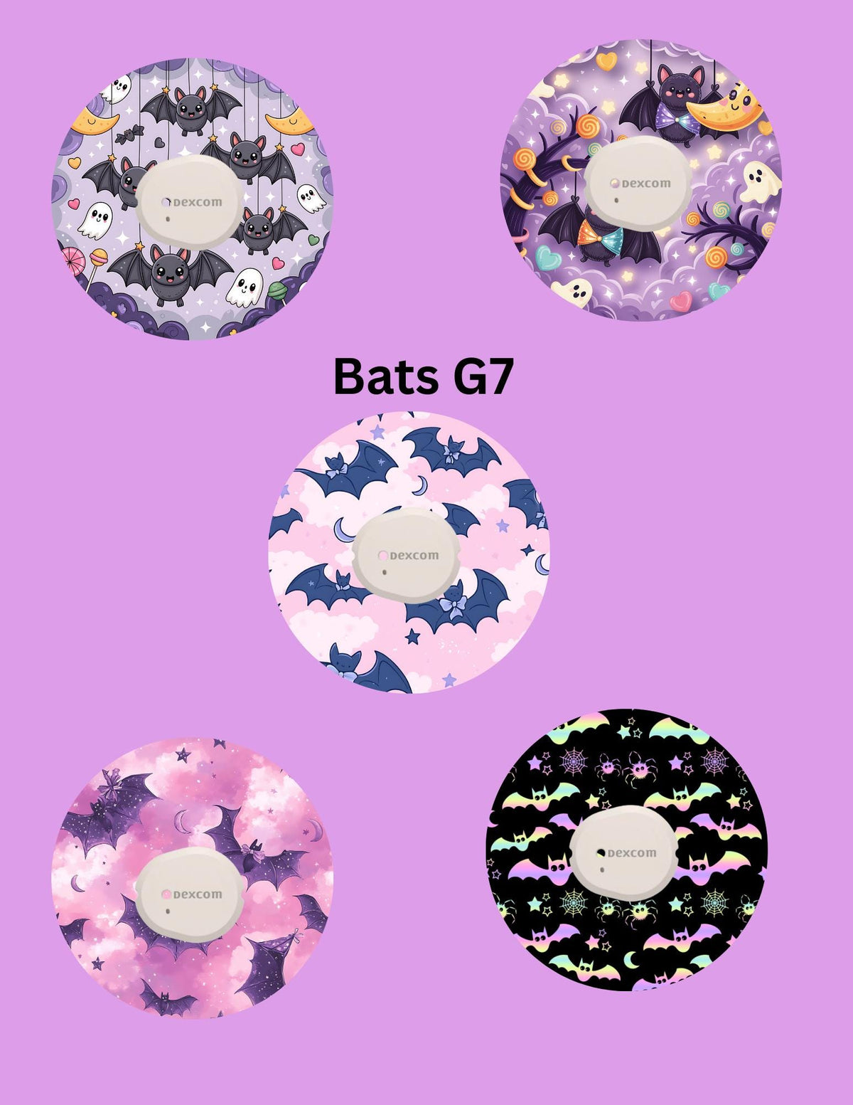Purple Bats CGM Adhesive Patches, Dexcom G7 G6 Libre Omnipod, Pack of 5