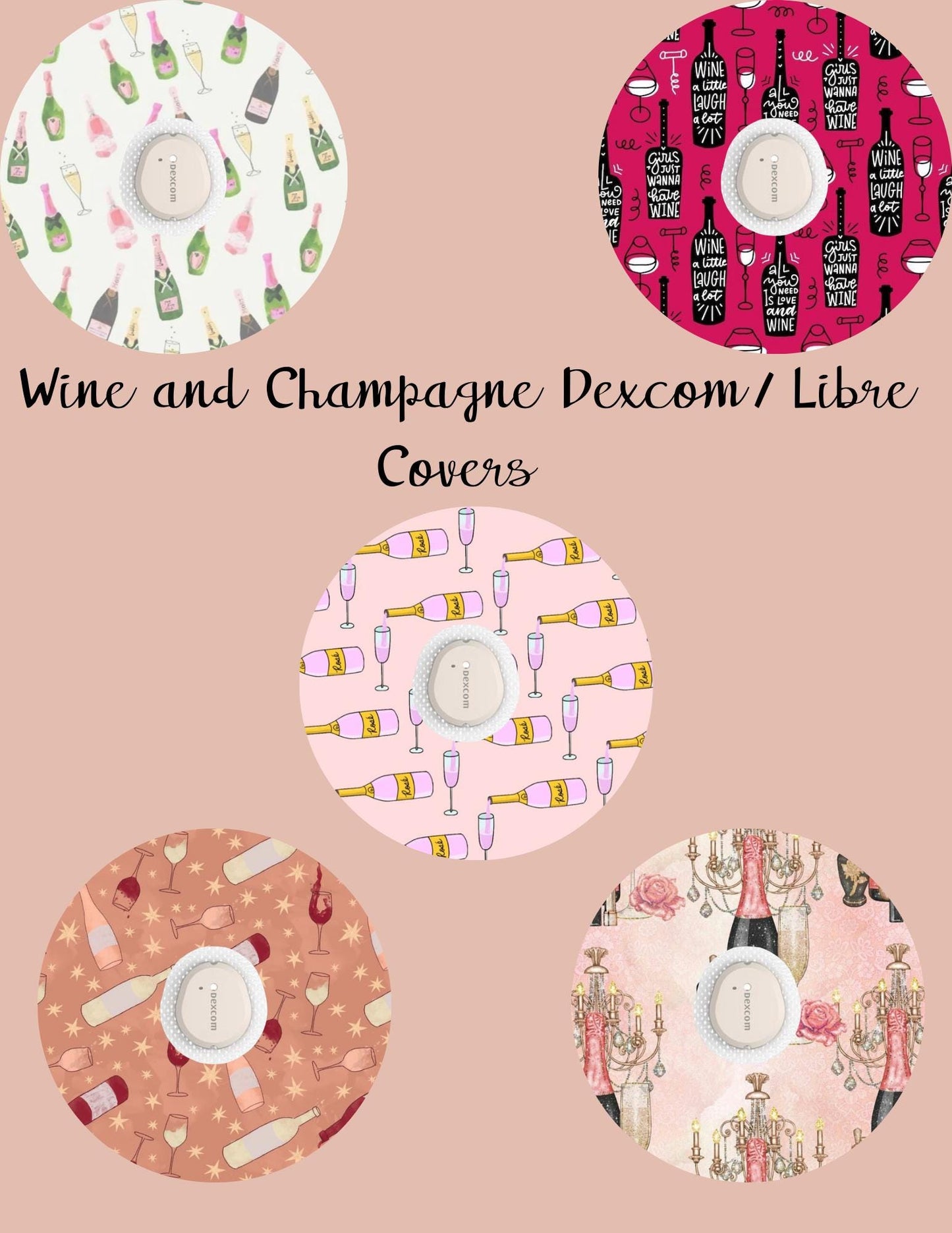 Wine & Champagne Dexcom/Libre Sensor Covers, CGM Adhesive Patches (Set of 5)