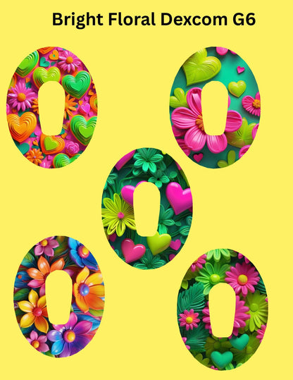 Bright Floral Dexcom/Libre Sensor Covers, CGM Adhesive Patches (Set of 5)