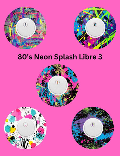 80's Neon Splash CGM Patches, Dexcom G7, Libre 3, Omnipod Cover, Pack of 5