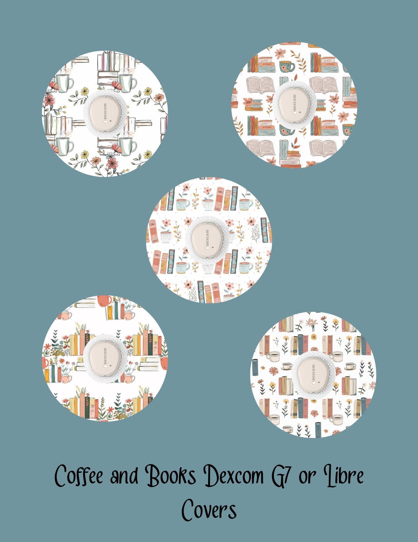 Coffee & Books CGM Stickers | Dexcom G7/G6, Libre 2/3 (5-Pack)