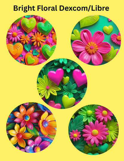 Bright Floral Dexcom/Libre Sensor Covers, CGM Adhesive Patches (Set of 5)