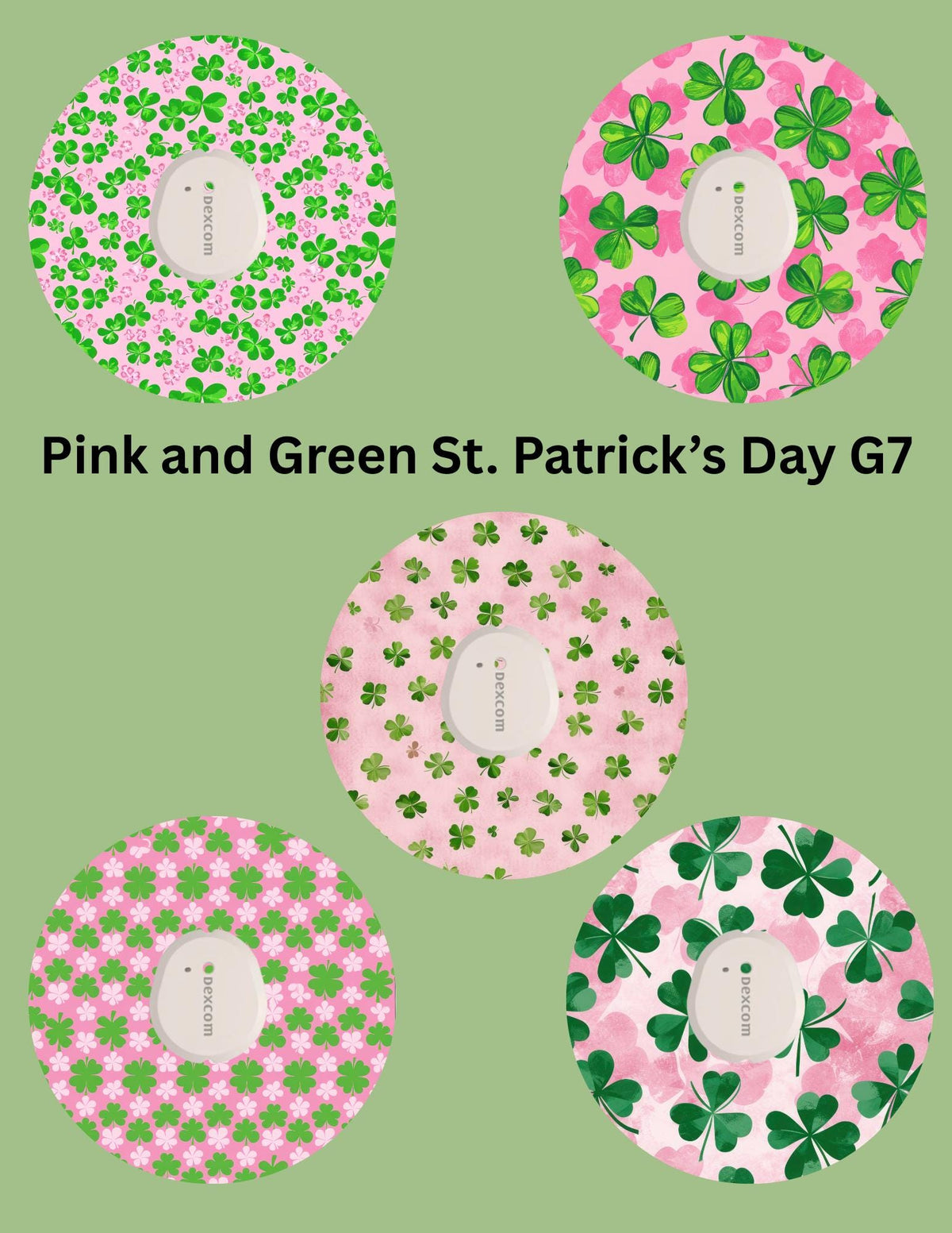 Pink and Green St. Patrick's Day CGM Patches, Dexcom G7, Libre 3, Omnipod Cover, Pack of 5