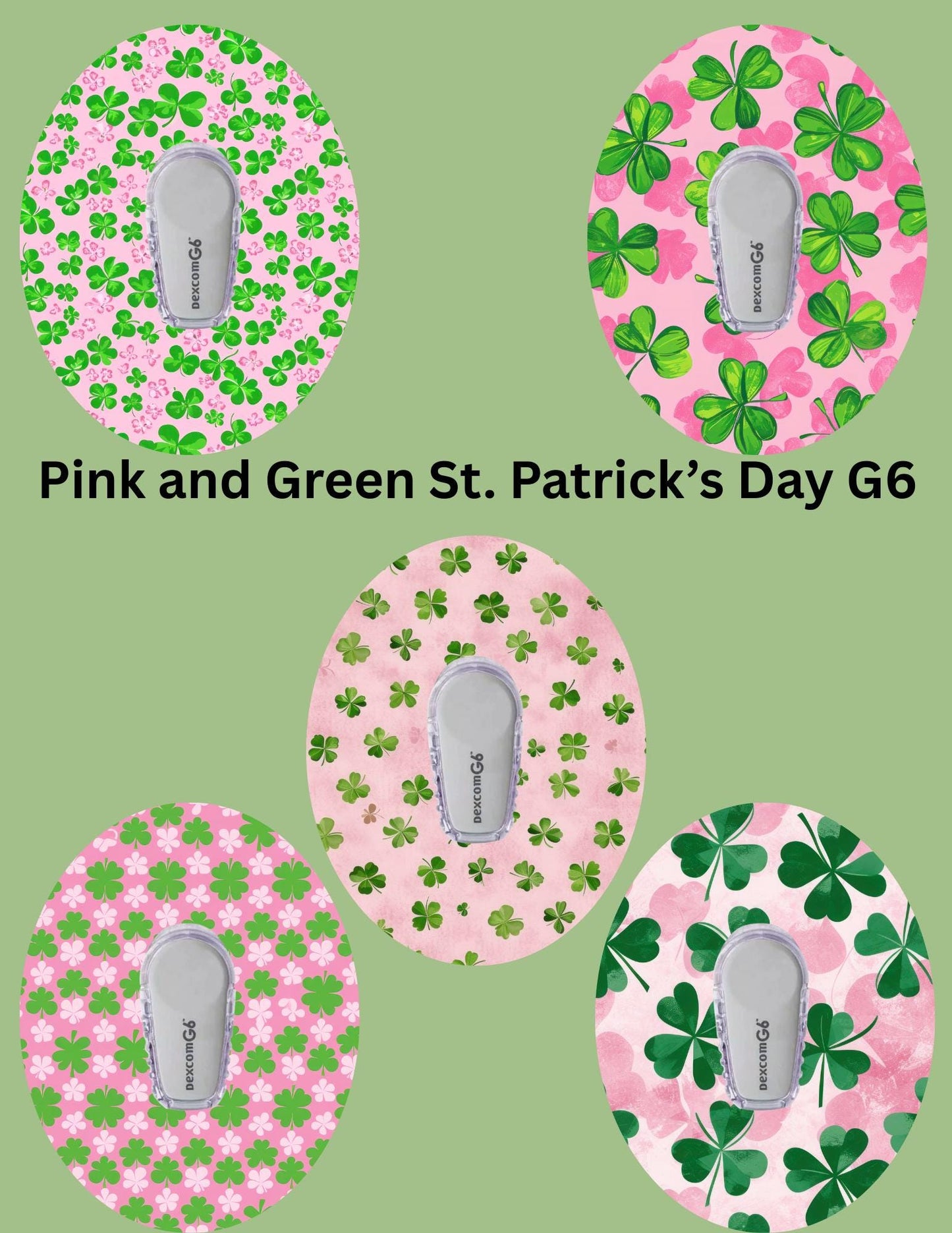 Pink and Green St. Patrick's Day CGM Patches, Dexcom G7, Libre 3, Omnipod Cover, Pack of 5