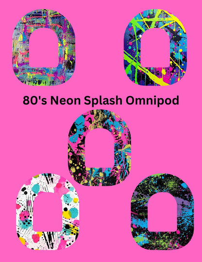 80's Neon Splash CGM Patches, Dexcom G7, Libre 3, Omnipod Cover, Pack of 5