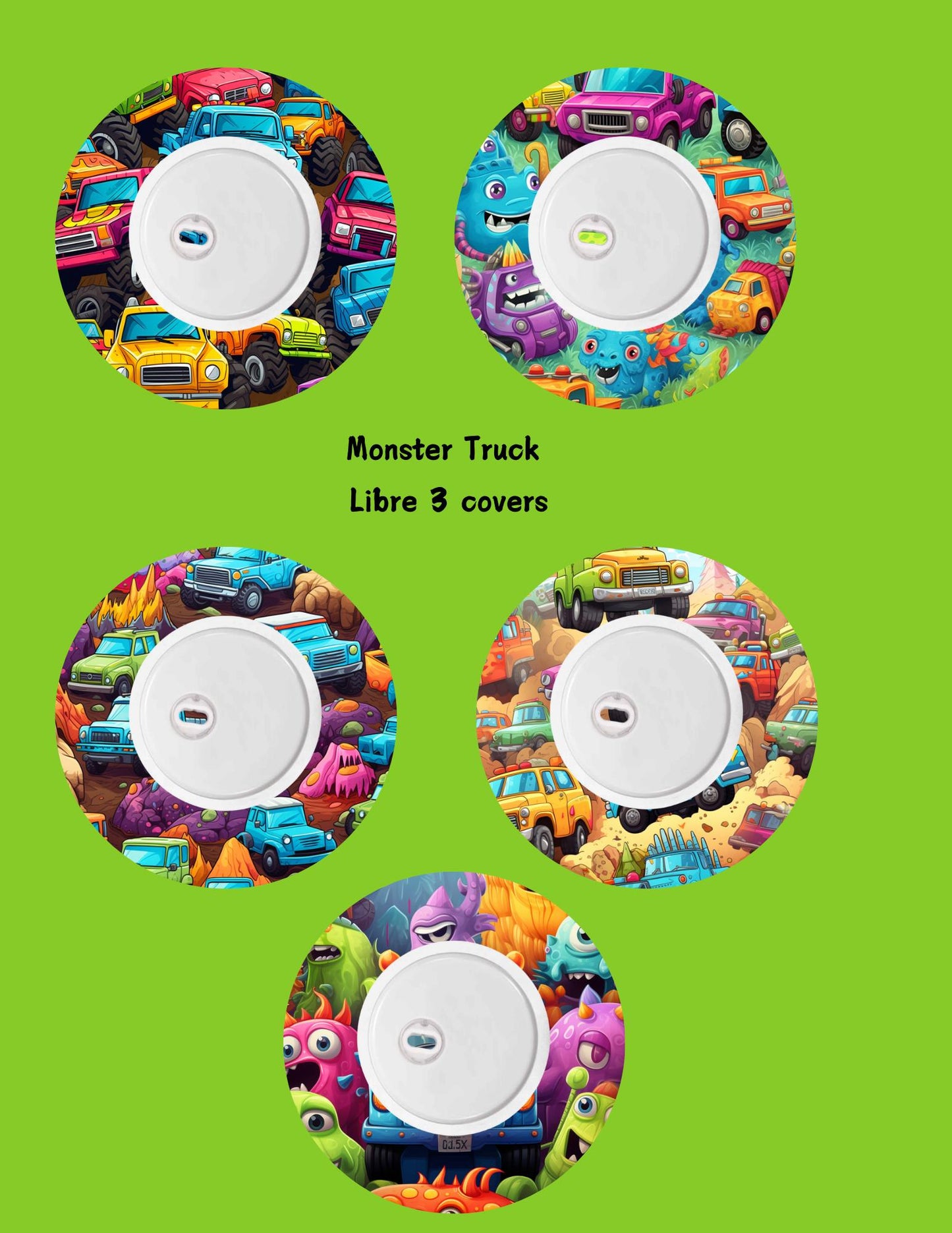 Monster Truck CGM Cover Patches: Dexcom G7, G6, Libre 3, 2 (Pack of 5)