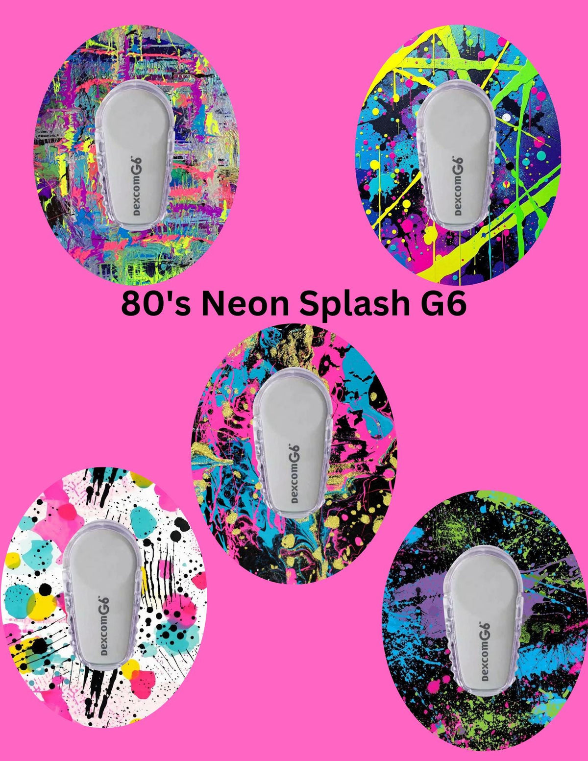 80's Neon Splash CGM Patches, Dexcom G7, Libre 3, Omnipod Cover, Pack of 5